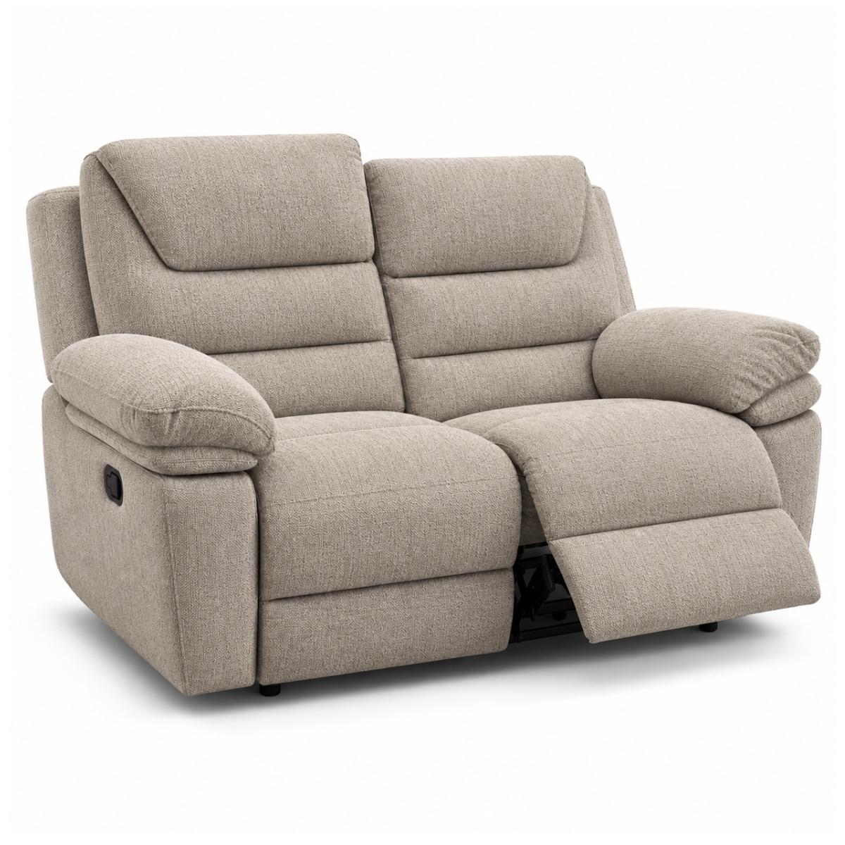 Aldora two-seater reclining loveseat sofa upholstered in a textured light brown fabric, shown with the right armrest reclined on a white background.