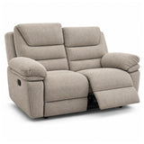 Aldora two-seater reclining loveseat sofa upholstered in a textured light brown fabric, shown with the right armrest reclined on a white background.