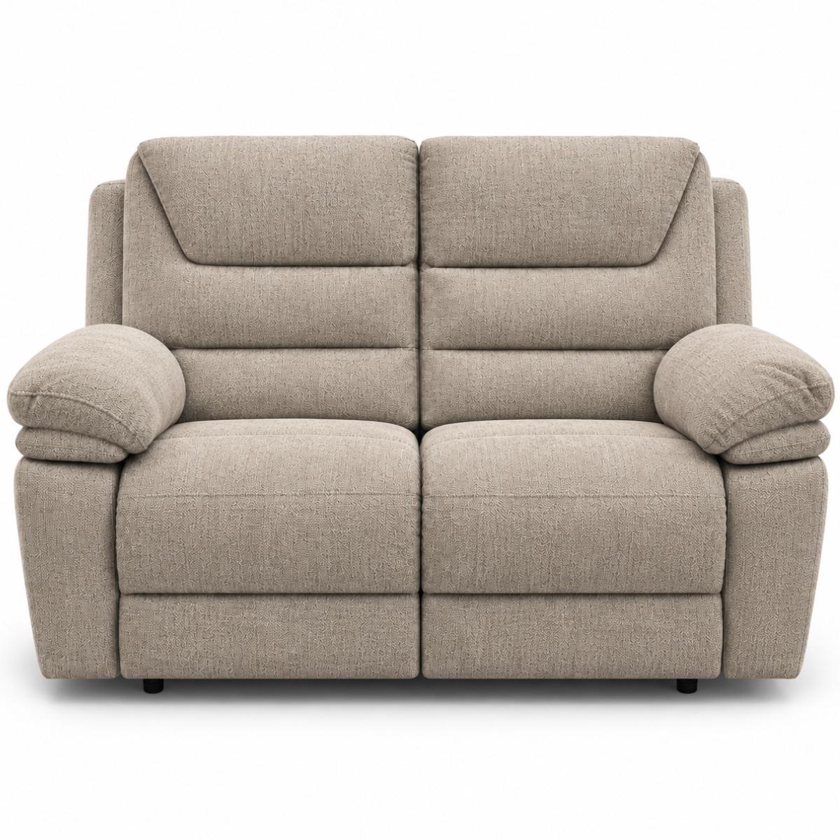 Aldora two-seater upholstered reclining loveseat in a textured light brown fabric, shown from a front-facing perspective against a plain white background.