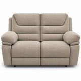 Aldora two-seater upholstered reclining loveseat in a textured light brown fabric, shown from a front-facing perspective against a plain white background.