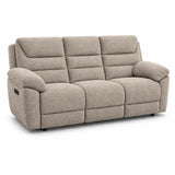 Aldora three-seat power reclining sofa upholstered in a textured light brown fabric, shown from a three-quarter angle on a white background.