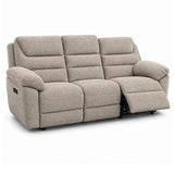 Aldora three-seat power reclining sofa upholstered in a textured light brown fabric, shown with the rightmost seat reclined against a plain white background.