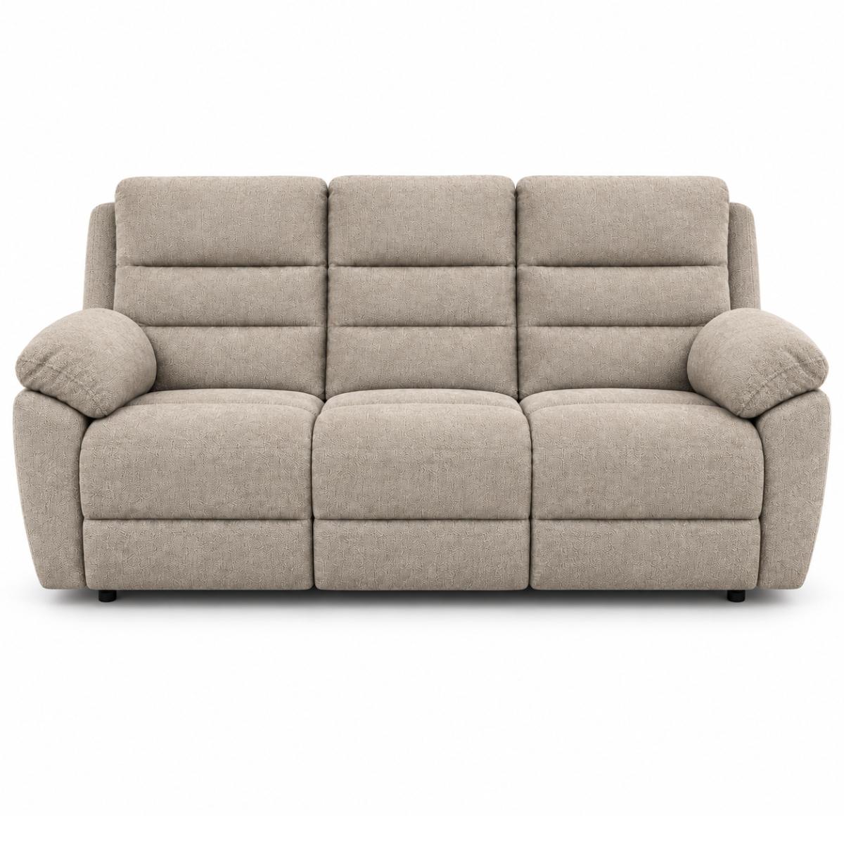Aldora three-seater upholstered reclining sofa in a textured light brown fabric, shown from the front against a plain white background.