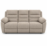 Aldora three-seater upholstered reclining sofa in a textured light brown fabric, shown from the front against a plain white background.