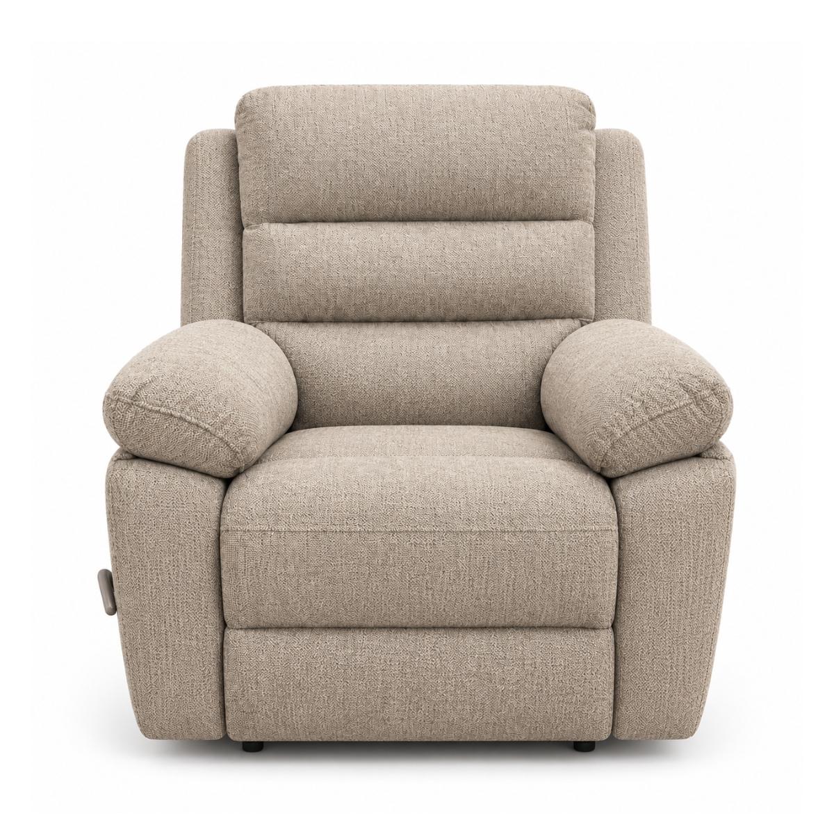 Aldora light brown upholstered recliner chair with a high segmented backrest, wide armrests, and a padded seat, shown on a clean white background.