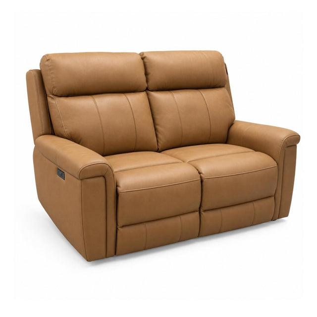 Ambrosia tan faux leather reclining loveseat with padded armrests and segmented back cushions, shown on a clean white background.