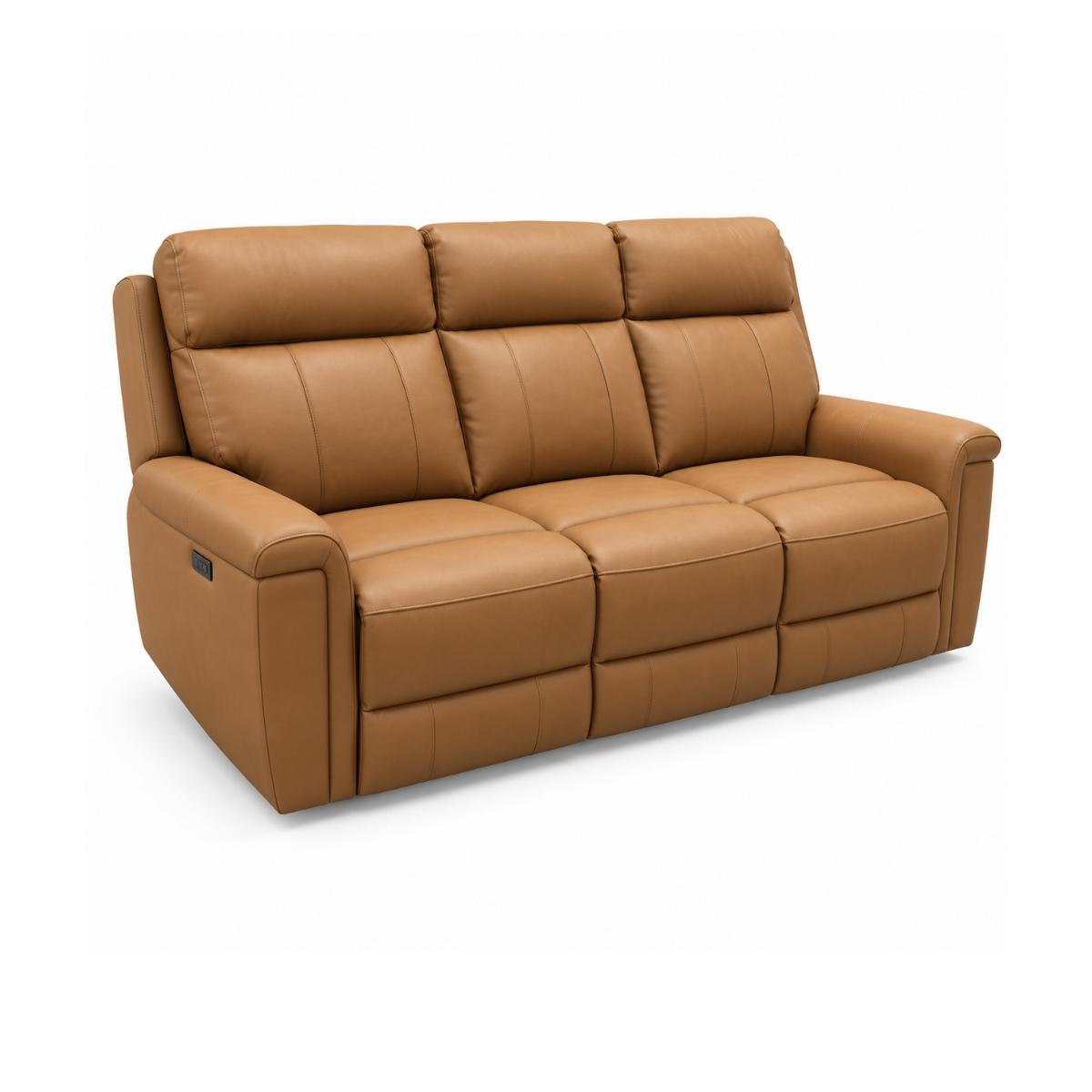 Ambrosia three-seat power reclining loveseat sofa upholstered in smooth tan faux leather, shown from a three-quarter angle on a white background.