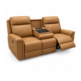 Ambrosia 3 seater power recliner sofa in tan faux leather, shown with the center console folded down to reveal cup holders and a control panel. The right side of the sofa is extended into a reclining position, showing the footrest.