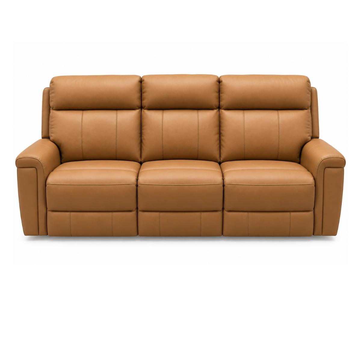 Ambrosia three-seat power reclining sofa upholstered in smooth tan faux leather, shown from a front-facing perspective against a solid white background.