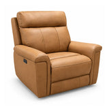 Ambrosia tan faux leather power recliner chair with a high back, padded headrest, and wide armrests, shown on a clean white background.