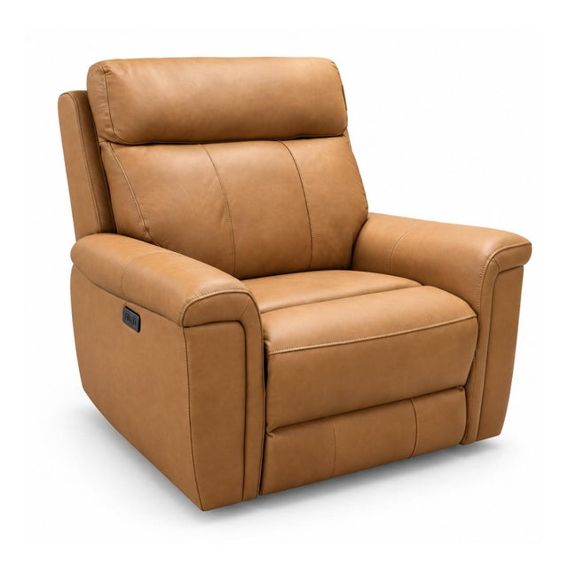 Ambrosia tan faux leather power recliner chair with a high back, padded headrest, and wide armrests, shown on a clean white background.