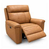 Ambrosia tan faux leather recliner chair with the footrest extended, shown on a clean white background.