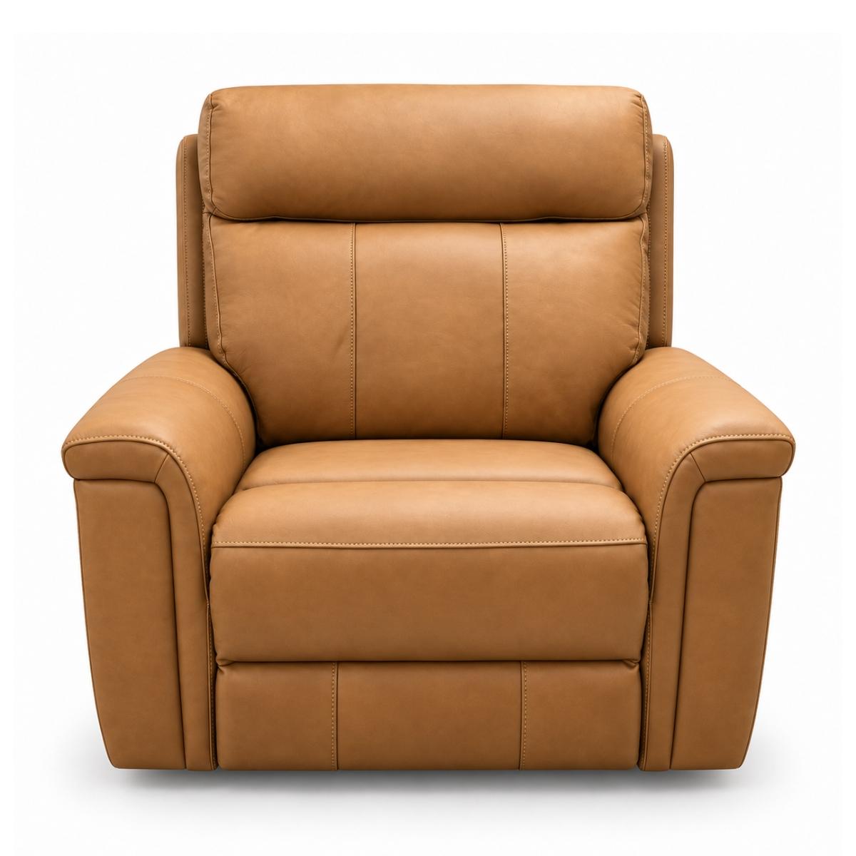 Ambrosia tan faux leather recliner chair with padded armrests and a segmented backrest, shown from the front on a white background.