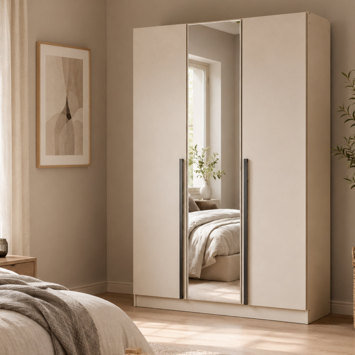 Archie beige wardrobe with mirror in a bedroom setting