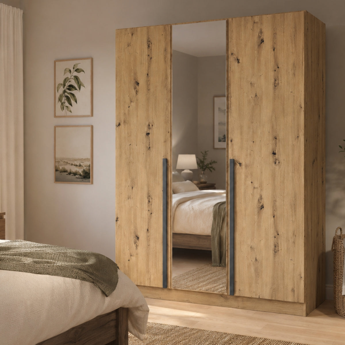 Archie oak wooden wardrobe with mirror in a bedroom setting