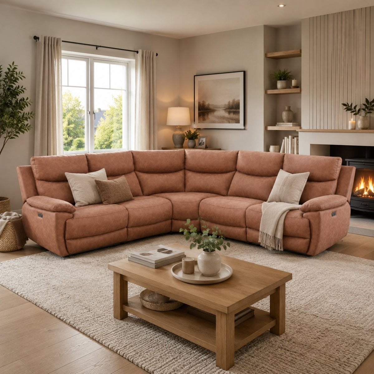 Cozy living room with the large Arkansas brown sectional sofa, wooden coffee table, and fireplace.