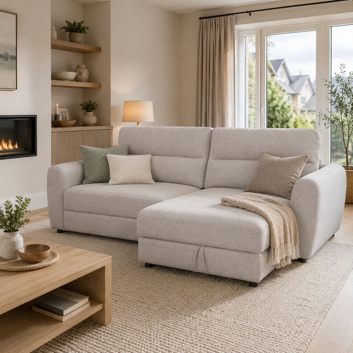 Atwood grey sectional sofa in a living room with a wooden coffee table and large windows.