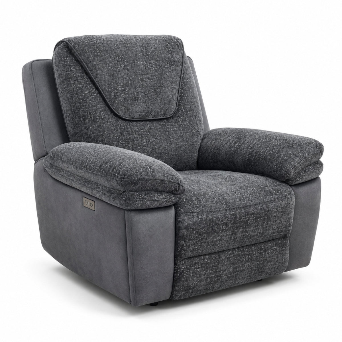 Betsy charcoal grey upholstered recliner chair with a padded headrest and wide armrests, shown on a clean white background. A small control panel is visible on the outer side of the left armrest.