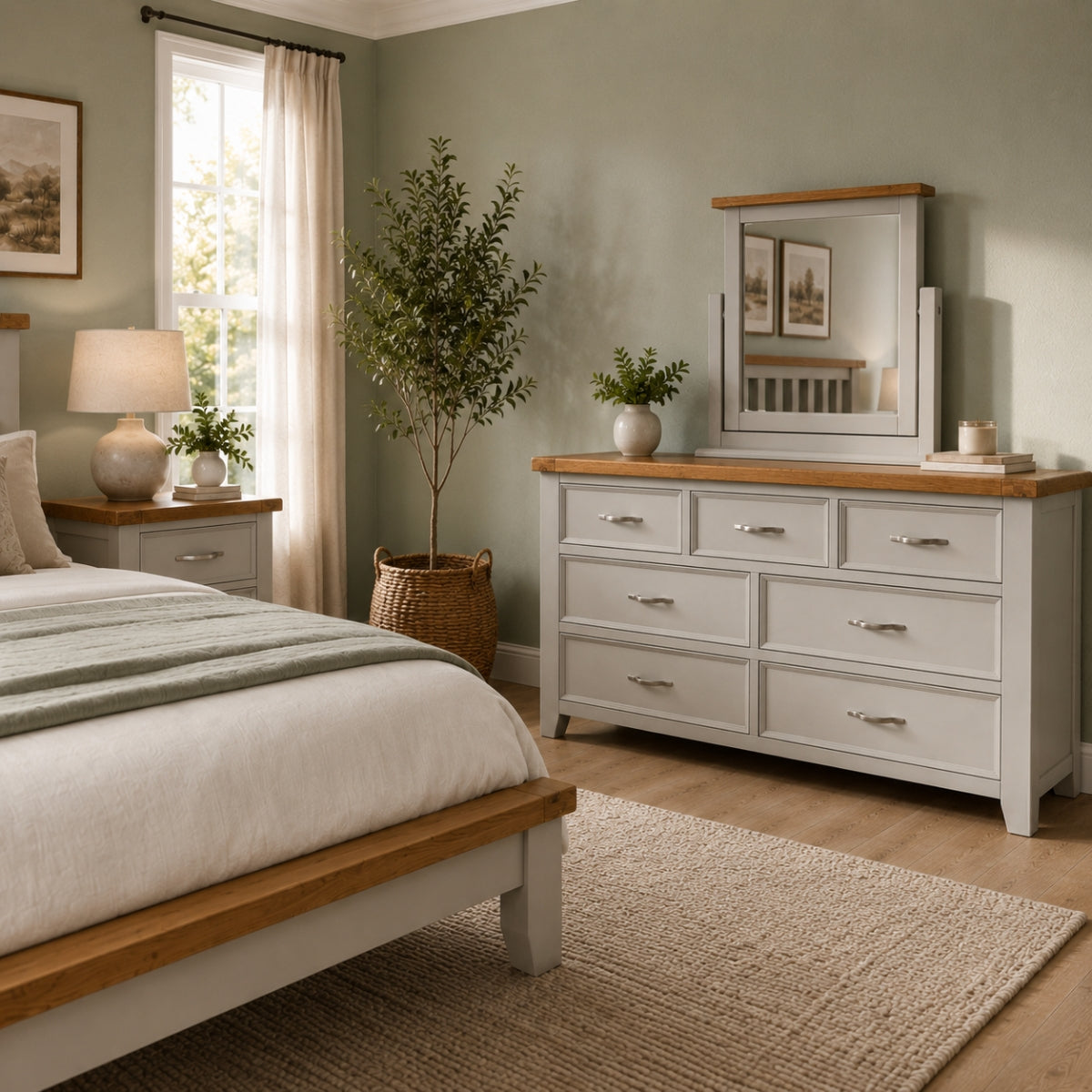A styled bedroom scene featuring the grey Canter chest of drawers with a natural wood top and mirror, alongside a matching bed frame, in a softly lit room with sage green walls and neutral decor.