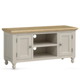 Painted grey TV unit with wooden top on a white background