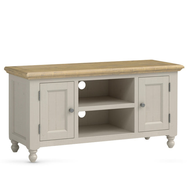 Painted grey TV unit with wooden top on a white background