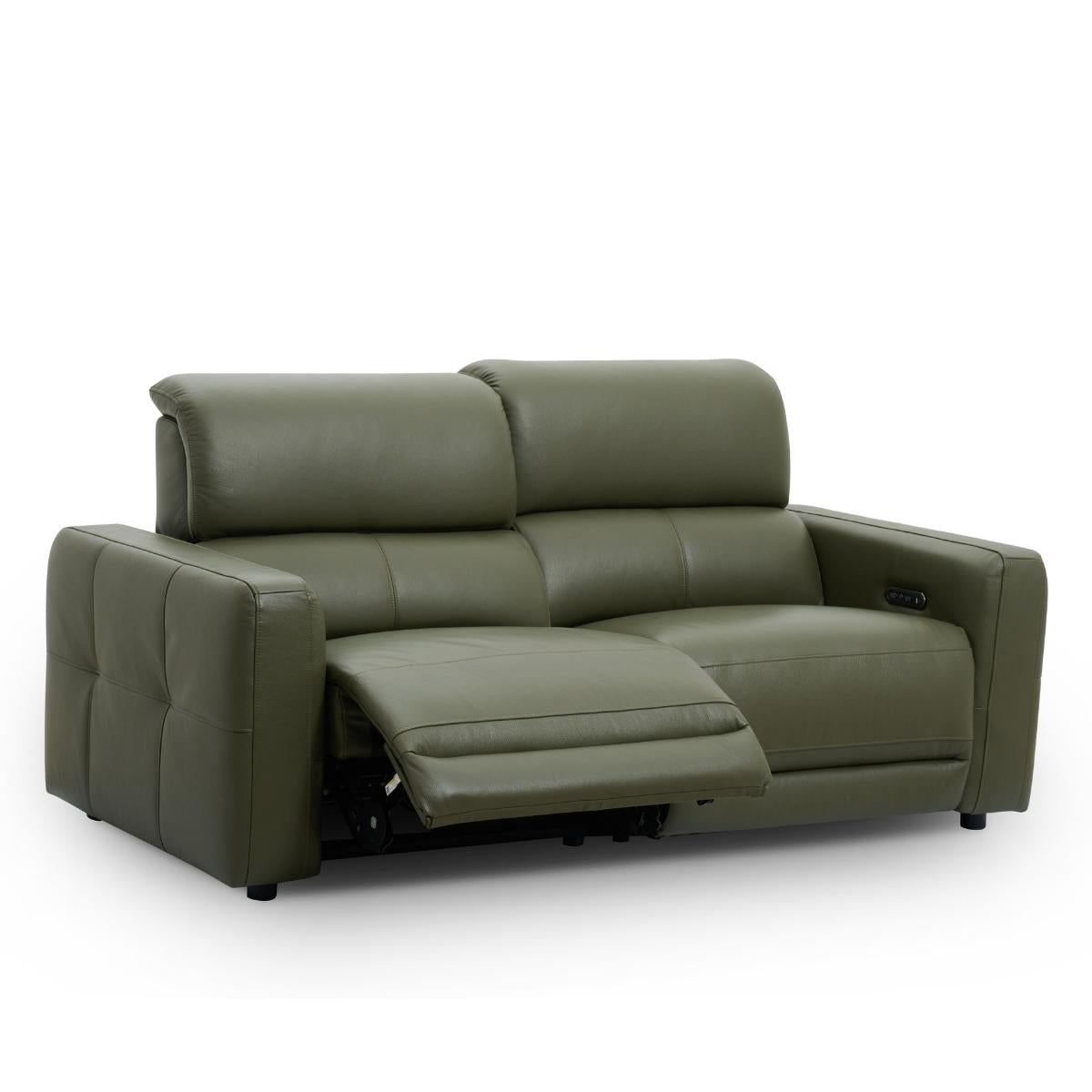 Carnegie green power reclining loveseat sofa shown with the left seat cushion extended, photographed on a clean white background.