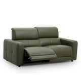Carnegie green power reclining loveseat sofa shown with the left seat cushion extended, photographed on a clean white background.