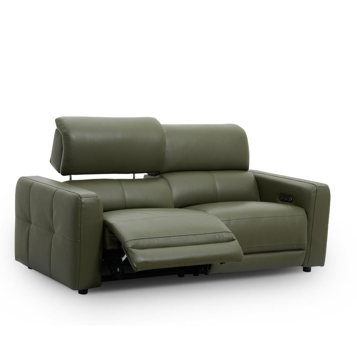 Carnegie green power reclining loveseat sofa with the front seat cushion extended, shown on a clean white background.