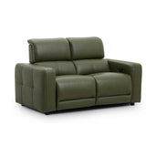 Carnegie green power reclining loveseat sofa with padded armrests and segmented back cushions, shown on a plain white background.
