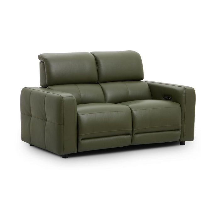 Carnegie green power reclining loveseat sofa with padded armrests and segmented back cushions, shown on a plain white background.