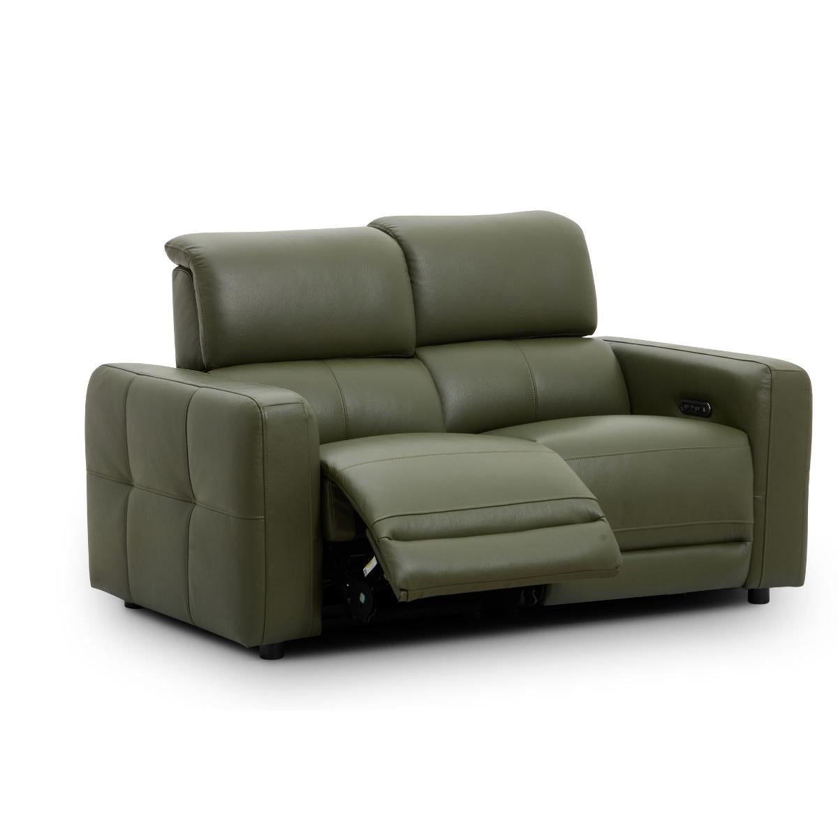 Carnegie green power reclining loveseat sofa shown from a three-quarter angle with the center seat cushion extended, on a plain white studio background.