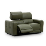 Carnegie green reclining loveseat sofa with the seat cushion extended, photographed on a clean white background.