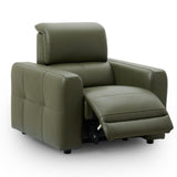 Carnegie green leather recliner chair with the footrest extended, shown from a three-quarter angle on a white background.