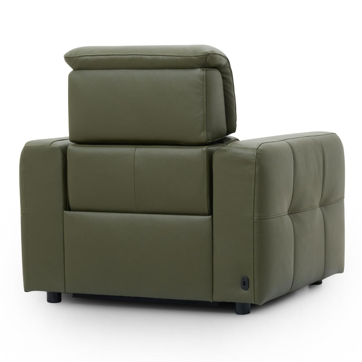 Carnegie green upholstered power recliner armchair with a segmented backrest and armrests, shown from a three-quarter angle on a white background.