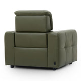 Carnegie green upholstered power recliner armchair with a segmented backrest and armrests, shown from a three-quarter angle on a white background.