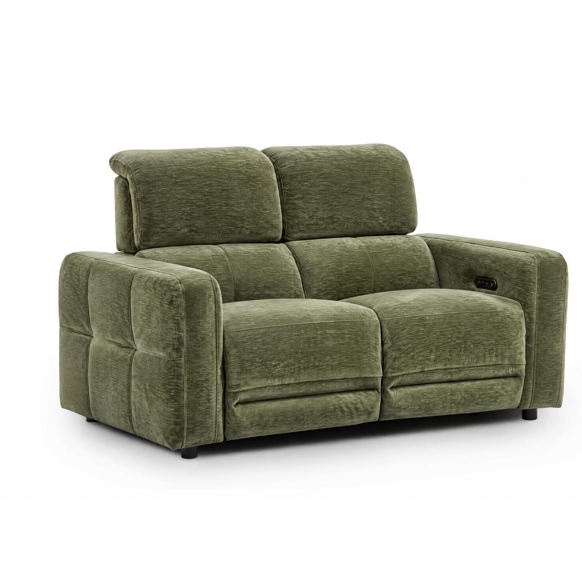 Carnegie green reclining loveseat sofa with a textured fabric, shown from a three-quarter angle on a white background.