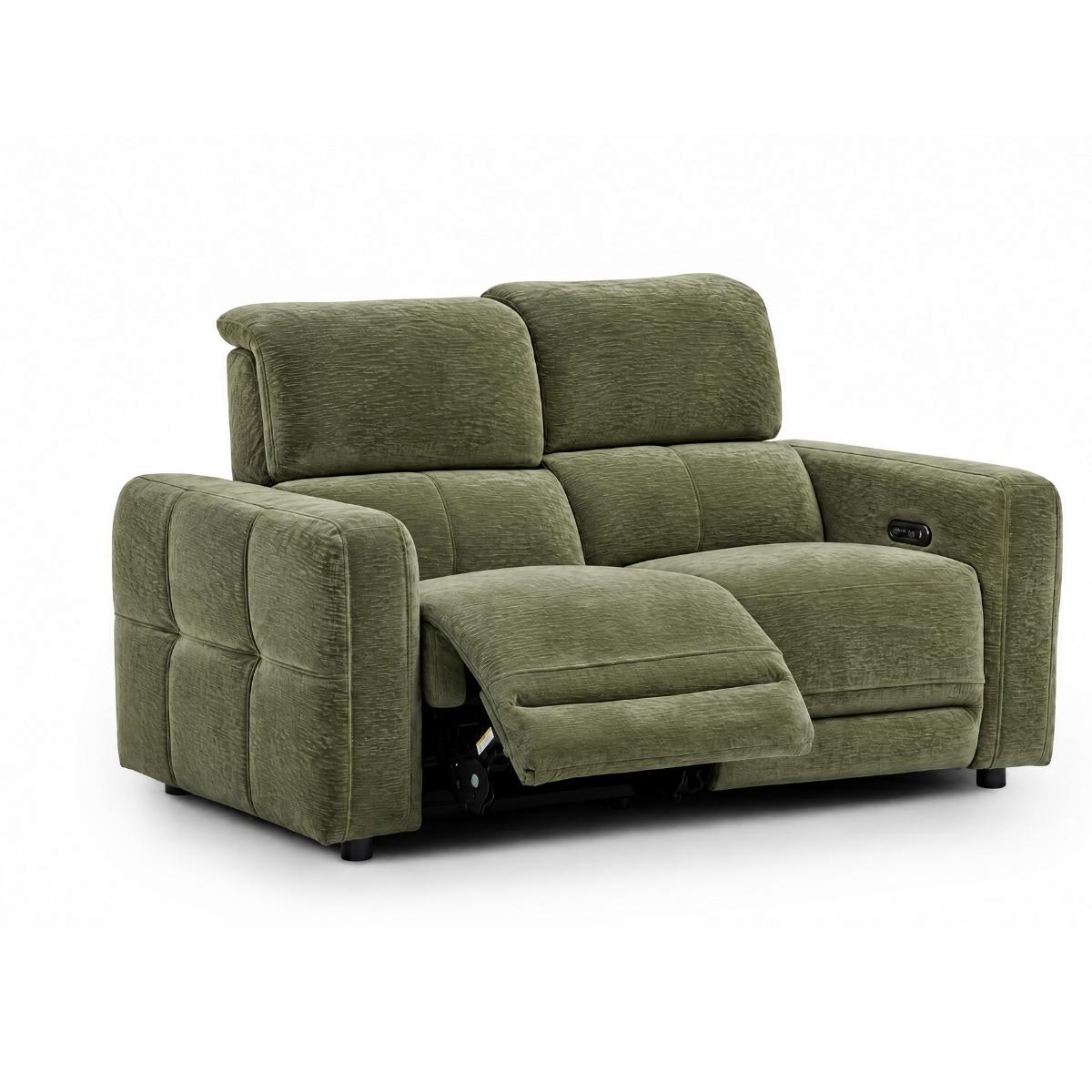 Carnegie green power reclining loveseat sofa shown from a three-quarter angle with the front seat cushion extended, on a plain white studio background.