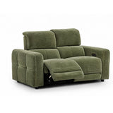 Carnegie green power reclining loveseat sofa shown from a three-quarter angle with the front seat cushion extended, on a plain white studio background.