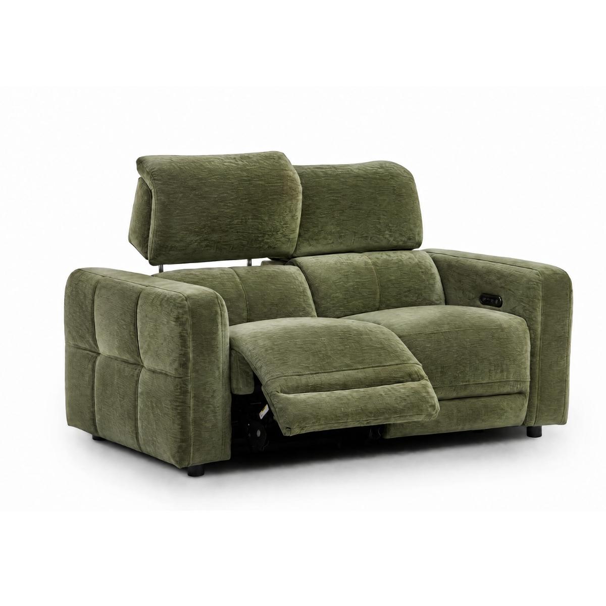Carnegie green power reclining loveseat sofa with a padded headrest and extended footrest, shown on a plain white background.