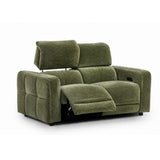 Carnegie green power reclining loveseat sofa with a padded headrest and extended footrest, shown on a plain white background.