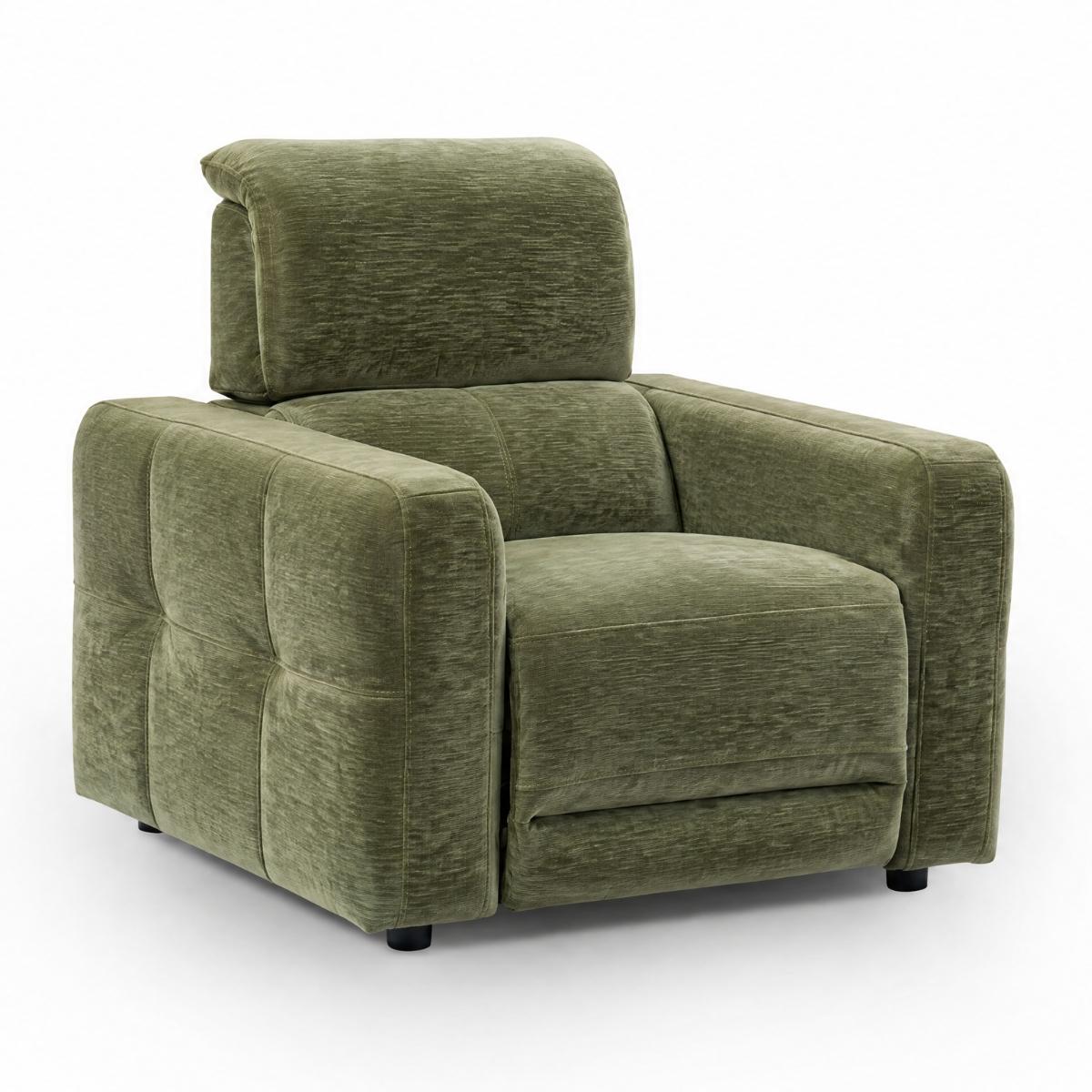 Carnegie modern  armchair upholstered in textured green fabric, featuring a tufted block design and a matching backrest cushion, shown on a plain white background.