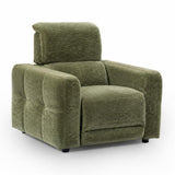 Carnegie modern  armchair upholstered in textured green fabric, featuring a tufted block design and a matching backrest cushion, shown on a plain white background.
