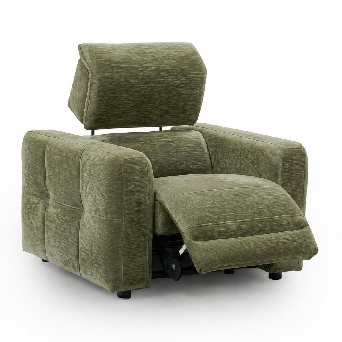 Carnegie green tufted recliner chair with the footrest extended, shown against a plain white background.