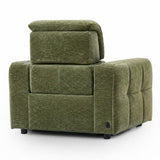 Carnegie green upholstered power recliner chair with a tufted backrest and armrests, shown from a three-quarter angle on a white background.