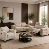 Cassara beige sofa set in a living room with a round coffee table and decorative elements.