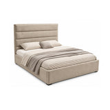 Catalina modern upholstered bed frame in a mink fabric, featuring a tall segmented headboard, low platform base, and styled with neutral bedding and a folded throw blanket, shown on a plain white background.