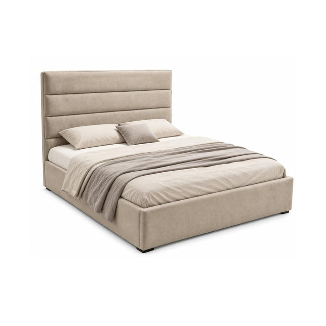 Catalina modern upholstered bed frame in a mink fabric, featuring a tall segmented headboard, low platform base, and styled with neutral bedding and a folded throw blanket, shown on a plain white background.