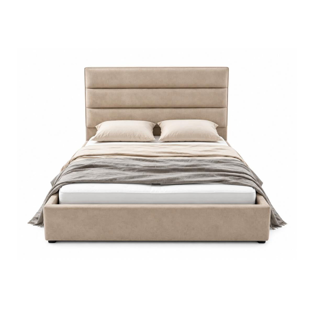 Catalina modern upholstered bed with a tall segmented headboard and matching footboard in a mink fabric, styled with two beige pillows, a striped beige and gray throw blanket, and a white mattress on a plain white background.