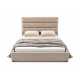 Catalina modern upholstered bed with a tall segmented headboard and matching footboard in a mink fabric, styled with two beige pillows, a striped beige and gray throw blanket, and a white mattress on a plain white background.