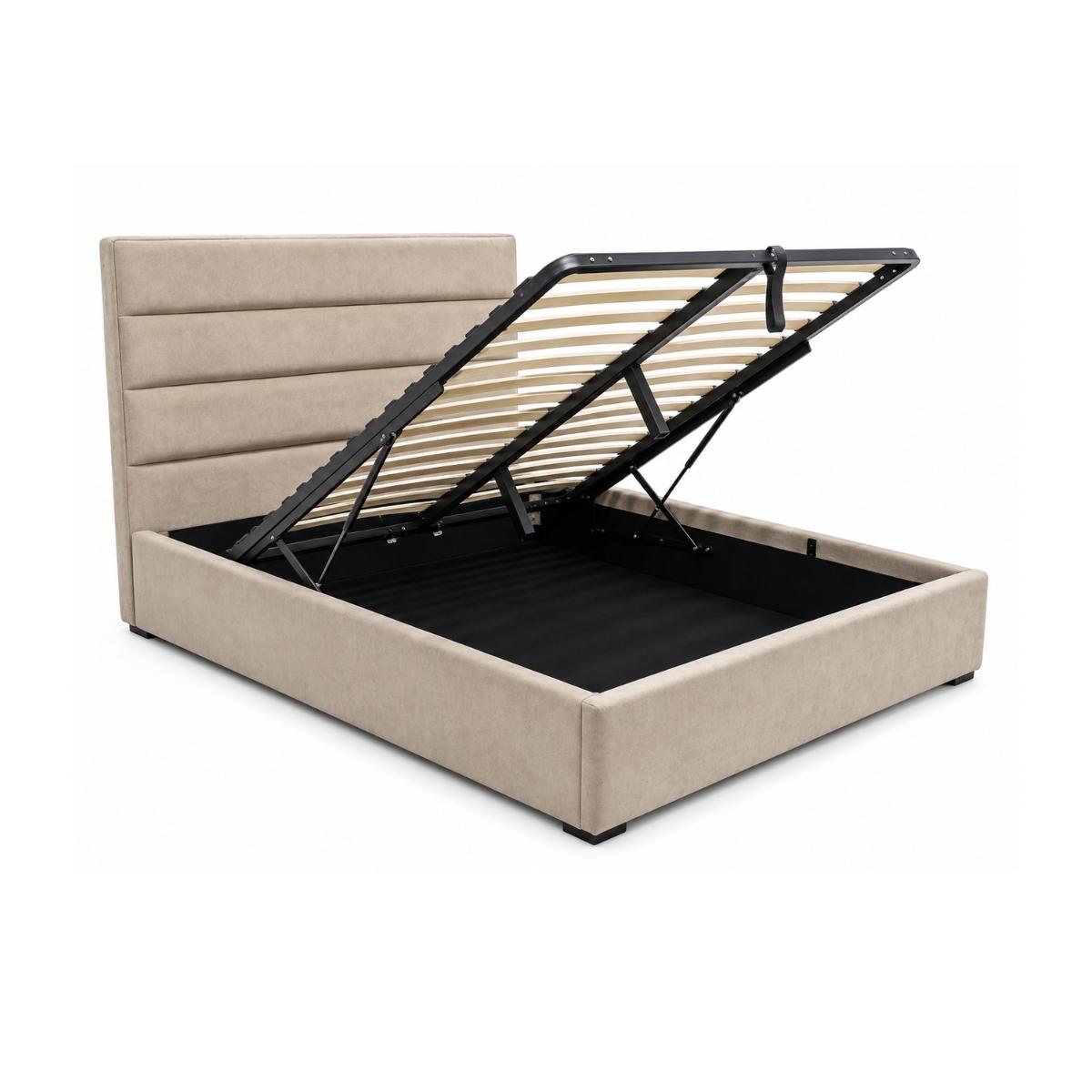 Catalina upholstered storage bed with a mink fabric headboard and frame, shown with the lift-up black metal support mechanism open to reveal a black storage compartment. The bed is photographed on a clean white background.